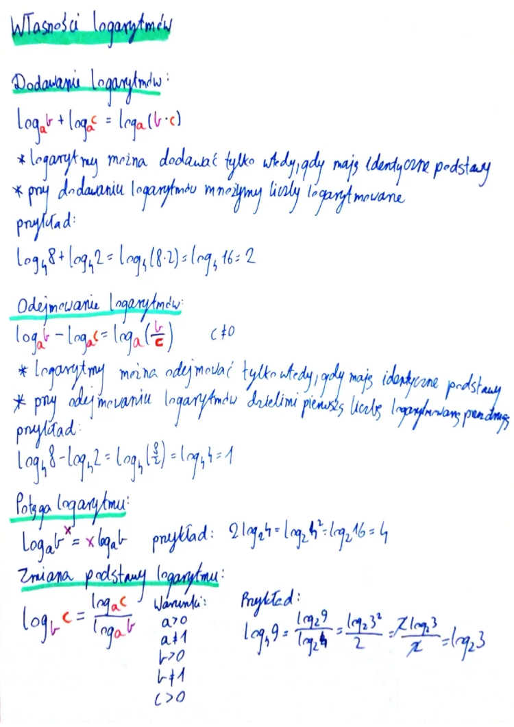 Własności logarytmów: dodawanie, odejmowanie, mnożenie i zmiana podstawy