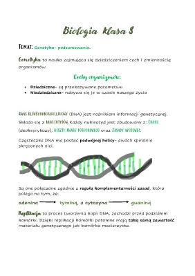 Biologia Klasa 8 - Genetyka Sprawdzian PDF, Dziedziczenie Cech, Mitoza i Mejoza