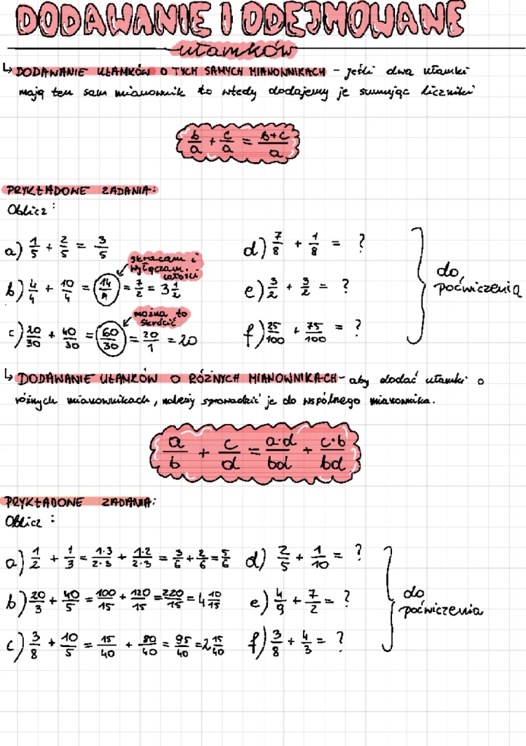 Dodawanie i odejmowanie ułamków zwykłych klasa 5 karty pracy PDF
