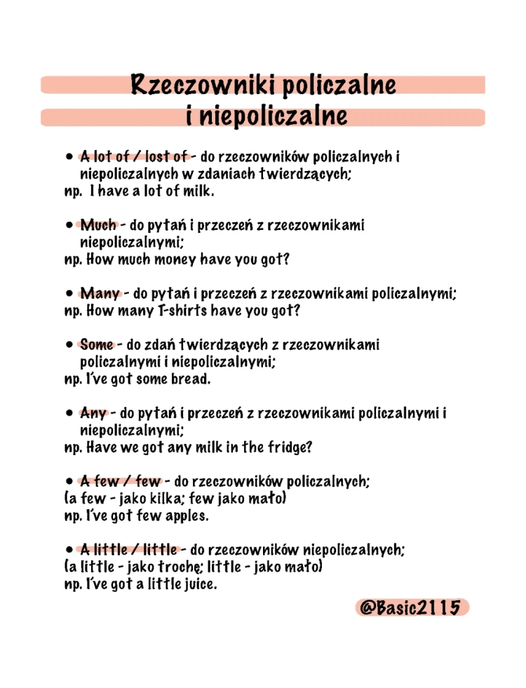 Rzeczowniki policzalne i niepoliczalne: angielski przykłady, ćwiczenia, tabelka, lista