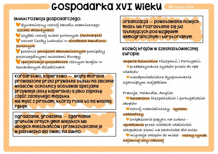 Przemiany społeczno-gospodarcze w XVI wieku - notatka dla dzieci