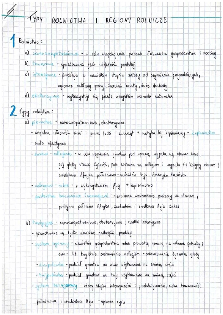 Geografia Klasa 2: Typy Rolnictwa i Regiony - Sprawdzian PDF