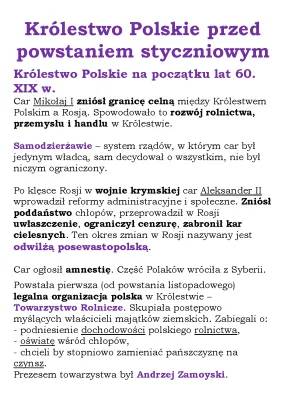 Królestwo Polskie przed powstaniem styczniowym - Notatka, Streszczenie, Quiz