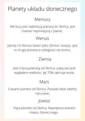 Planety Układu Słonecznego: Merkury, Wenus, Ziemia, Neptun, Uran