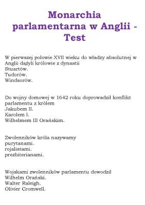 Monarchia parlamentarna w Anglii - Klasa 6, Cechy i Rewolucja, Quiz dla dzieci