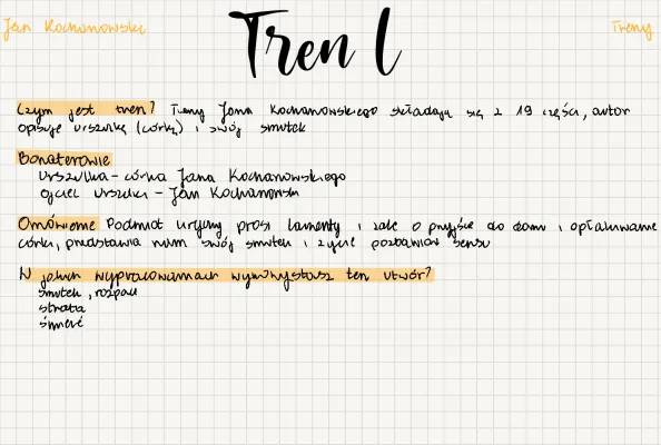 Treny Kochanowskiego - opracowanie klasa 7: Tren 1, Tren V, Tren 7 i 8, interpretacje i streszczenia