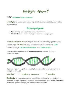 Biologia Klasa 8 - Genetyka Sprawdzian PDF, Dziedziczenie Cech, Mitoza i Mejoza