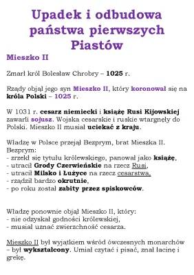 Upadek i odbudowa państwa pierwszych Piastów - Klasa 5 Notatka