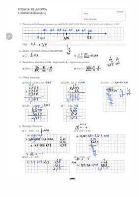 Ułamki dziesiętne klasa 5 - sprawdzian, przykłady i zadania do druku
