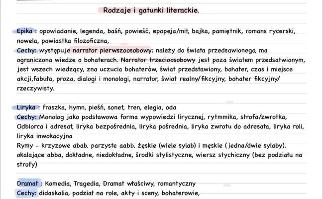 Rodzaje i Gatunki Literackie - Tabela, PDF, Epika i Liryka