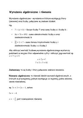 Wyrażenia algebraiczne i równania klasa 6 - Sprawdzian, Quiz i Zadania