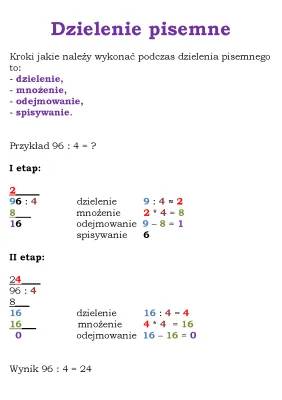 Dzielenie pisemne - klasa 3, 4 i 5: przykłady i zadania do druku (PDF)