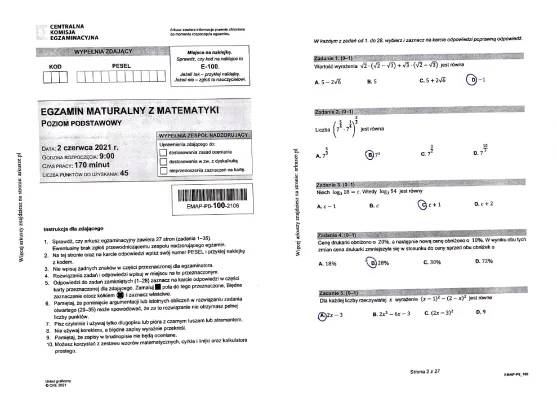 Matura #matematyka 2021 czerwiec, maj, marzec - arkusz i odpowiedzi
