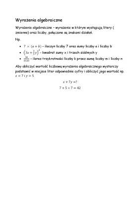 Wyrażenia algebraiczne - Klasy 5, 6 i 7: Zadania, Przykłady i Sprawdziany PDF