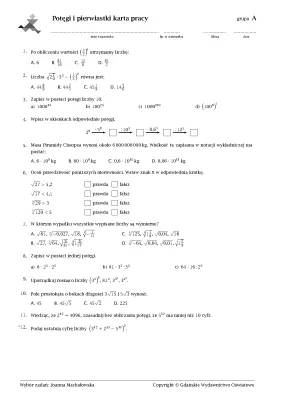 Potęgi i pierwiastki - zadania, pdf klasa 7 i 8, notacja wykładnicza
