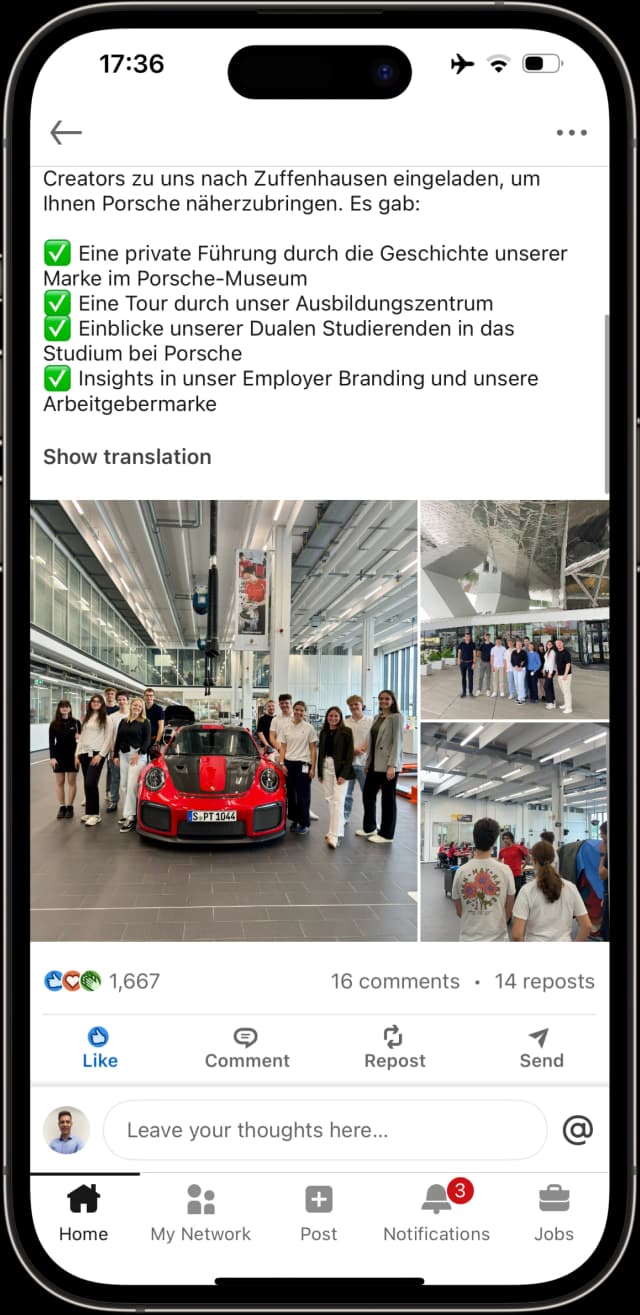 Post na LinkedIn Porsche x Knowunity