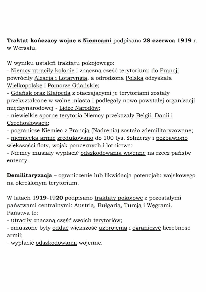 --- OCR Start ---
Traktat kończący wojnę z Niemcami podpisano 28 czerwca 1919 г.
w Wersalu.
W wyniku ustaleń traktatu pokojowego:
- Niemcy u