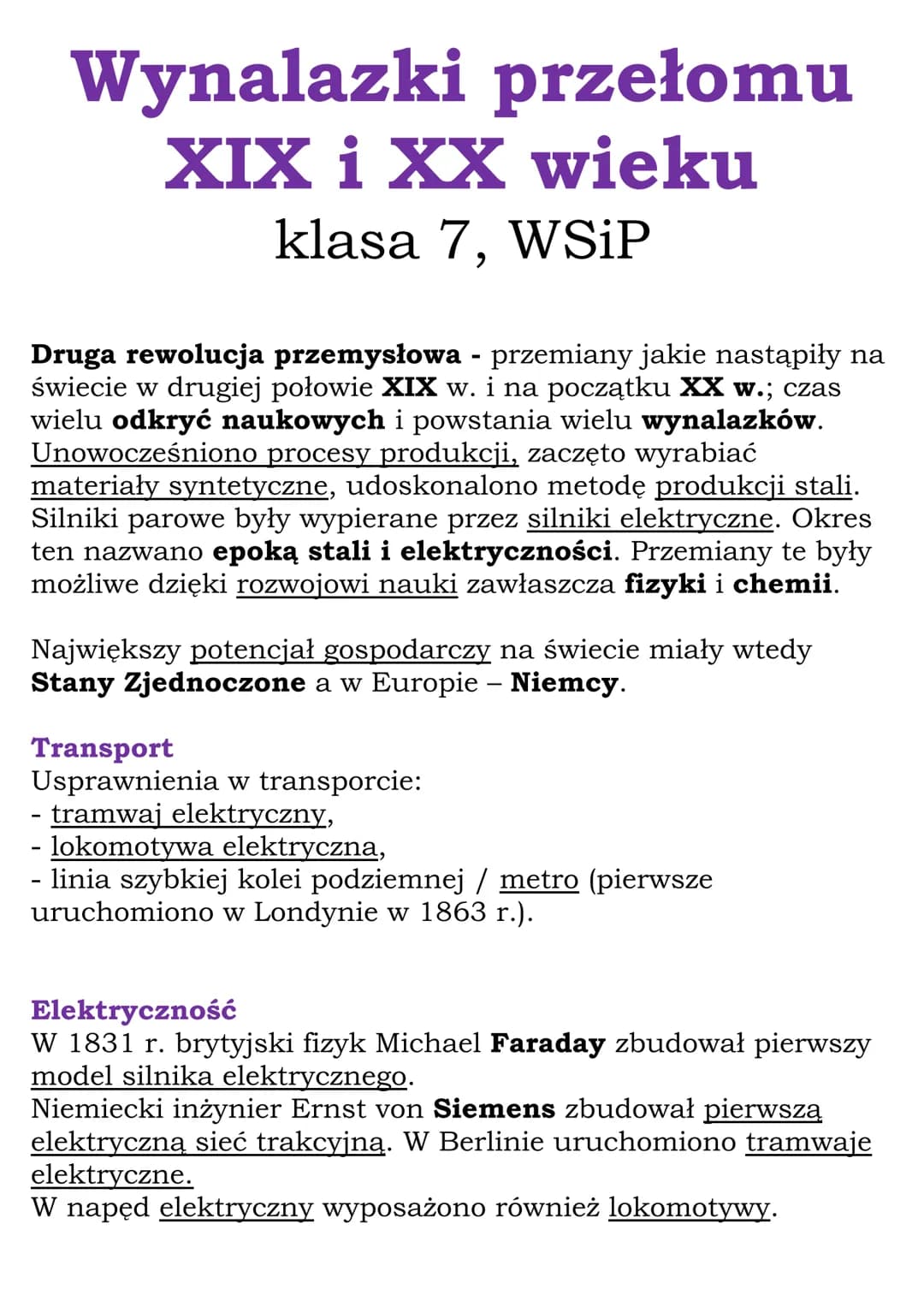 Wynalazki przełomu
XIX i XX wieku
klasa 7, WSiP
Druga rewolucja przemysłowa - przemiany jakie nastąpiły na
świecie w drugiej połowie XIX w. 