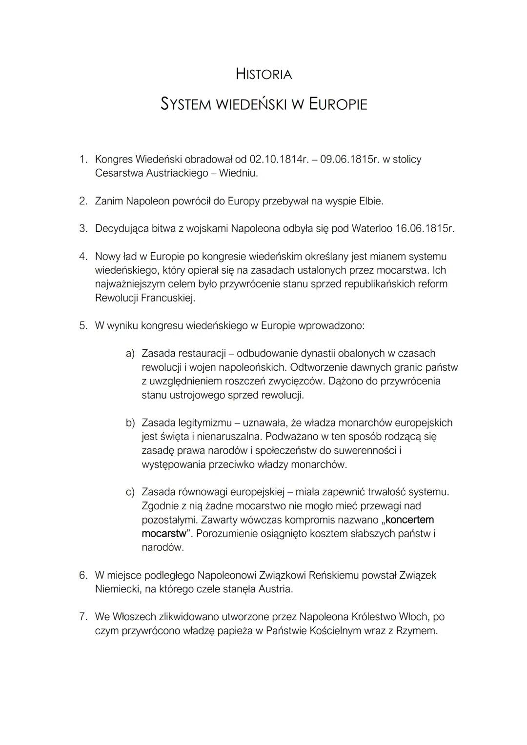 HISTORIA
SYSTEM WIEDEŃSKI W EUROPIE
1. Kongres Wiedeński obradował od 02.10.1814r. - 09.06.1815r. w stolicy
Cesarstwa Austriackiego - Wiedni