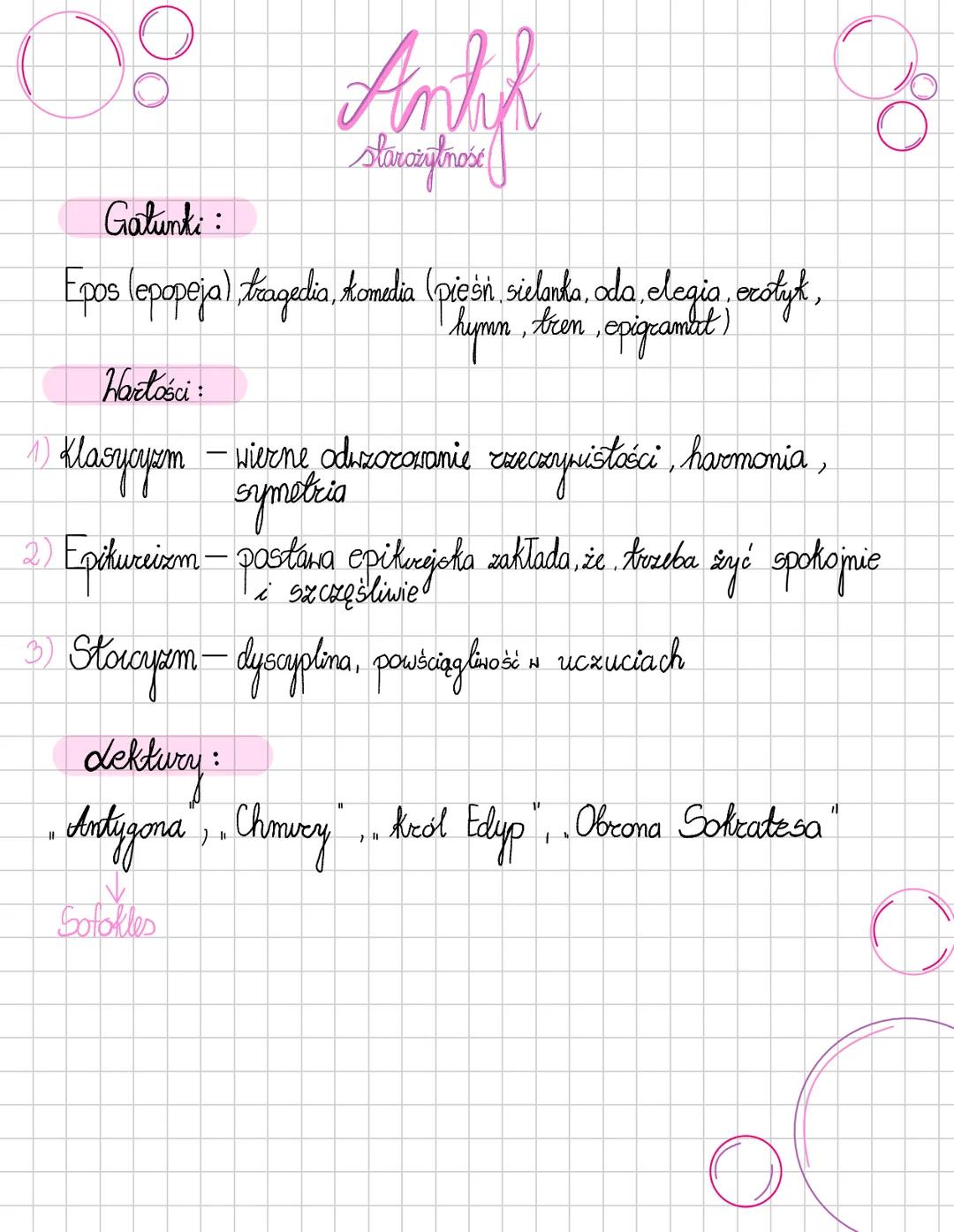 08
Antik
starczytność (
Gatunki
Epos (epopeja) tragedia, komedia (pieśń sielanka, oda elegia erotyk,
hymn, z
• tren, epigramlet)
Wartości:
(