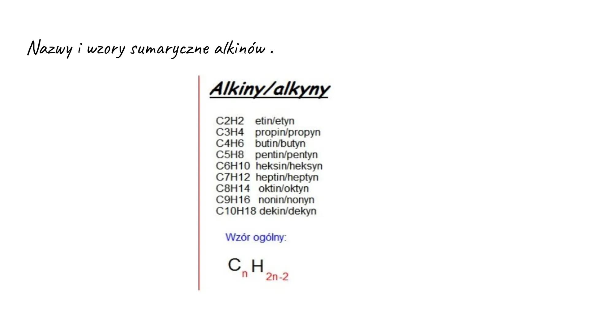 Alkiny Nazwy i wzory sumaryczne alkinów.
Alkiny/alkyny
C2H2 etin/etyn
C3H4 propin/propyn
C4H6 butin/butyn
C5H8 pentin/pentyn
C6H10 heksin/he