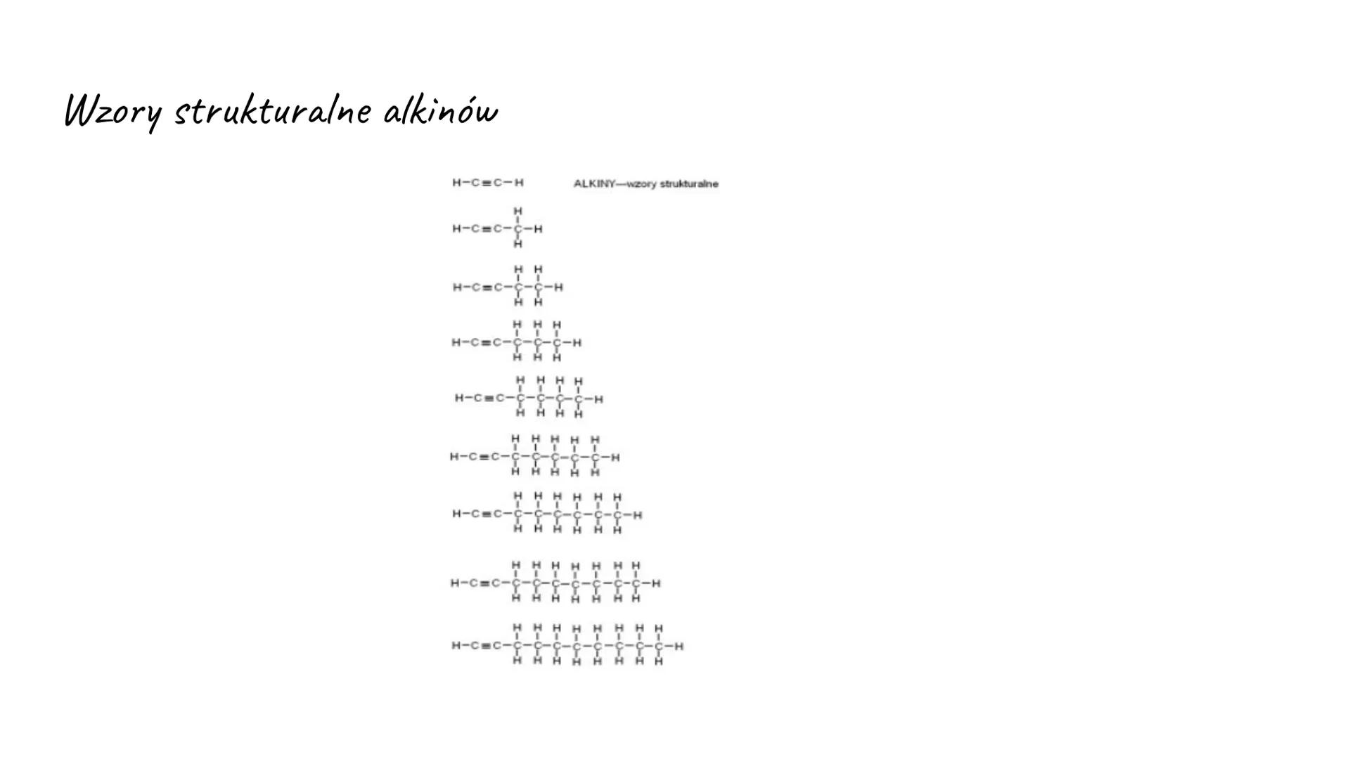 Alkiny Nazwy i wzory sumaryczne alkinów.
Alkiny/alkyny
C2H2 etin/etyn
C3H4 propin/propyn
C4H6 butin/butyn
C5H8 pentin/pentyn
C6H10 heksin/he