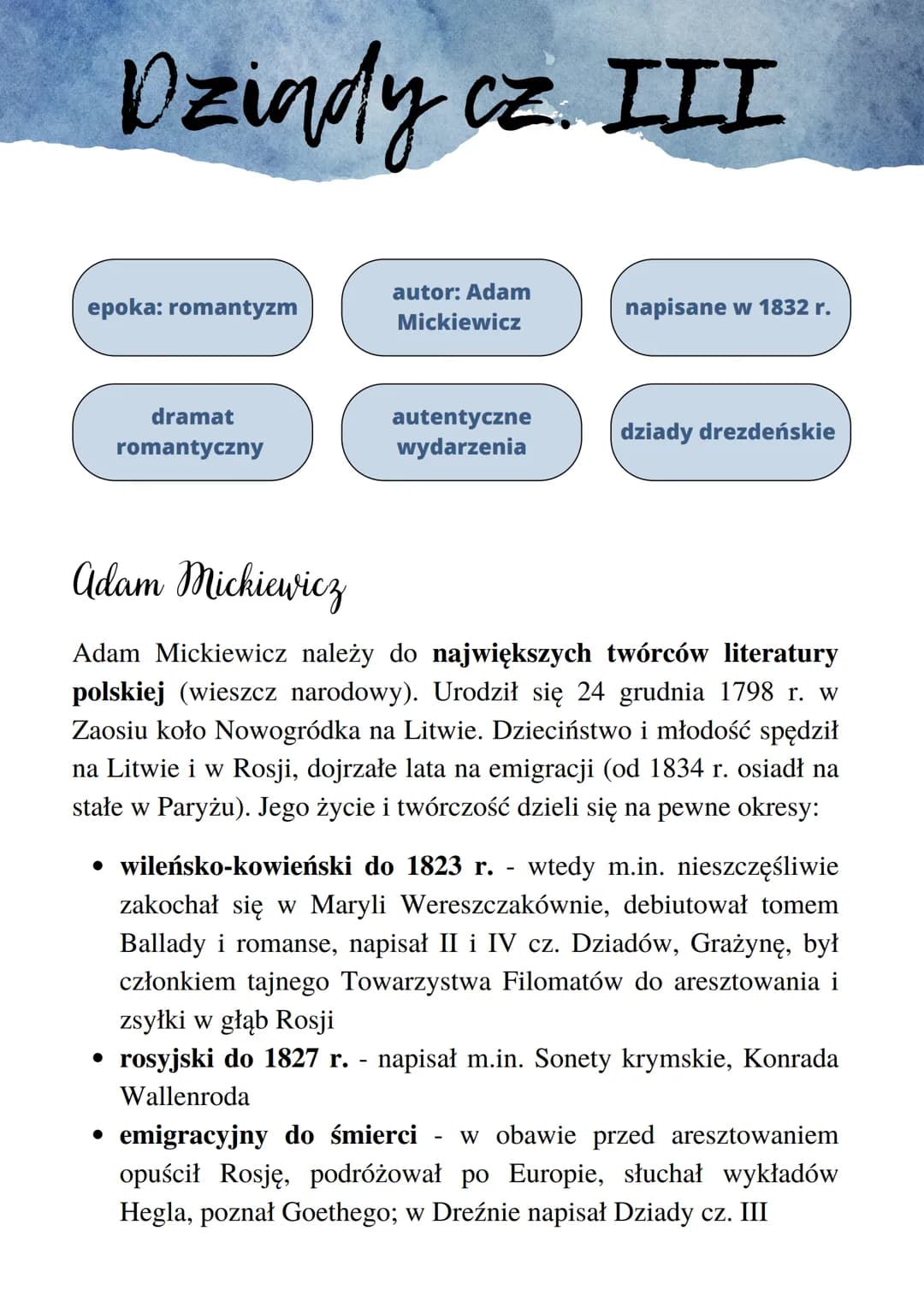 Dziady cz. III
epoka: romantyzm
dramat
romantyczny
●
autor: Adam
Mickiewicz
autentyczne
wydarzenia
01
napisane w 1832 r.
dziady drezdeńskie
