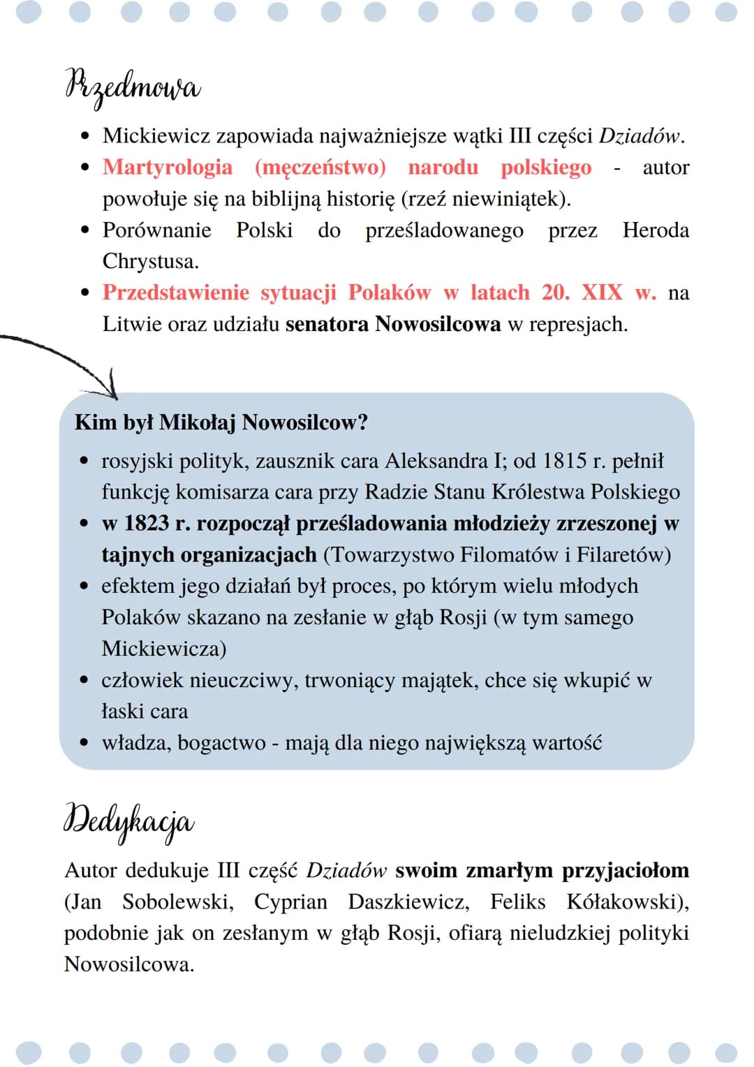 Dziady cz. III
epoka: romantyzm
dramat
romantyczny
●
autor: Adam
Mickiewicz
autentyczne
wydarzenia
01
napisane w 1832 r.
dziady drezdeńskie
