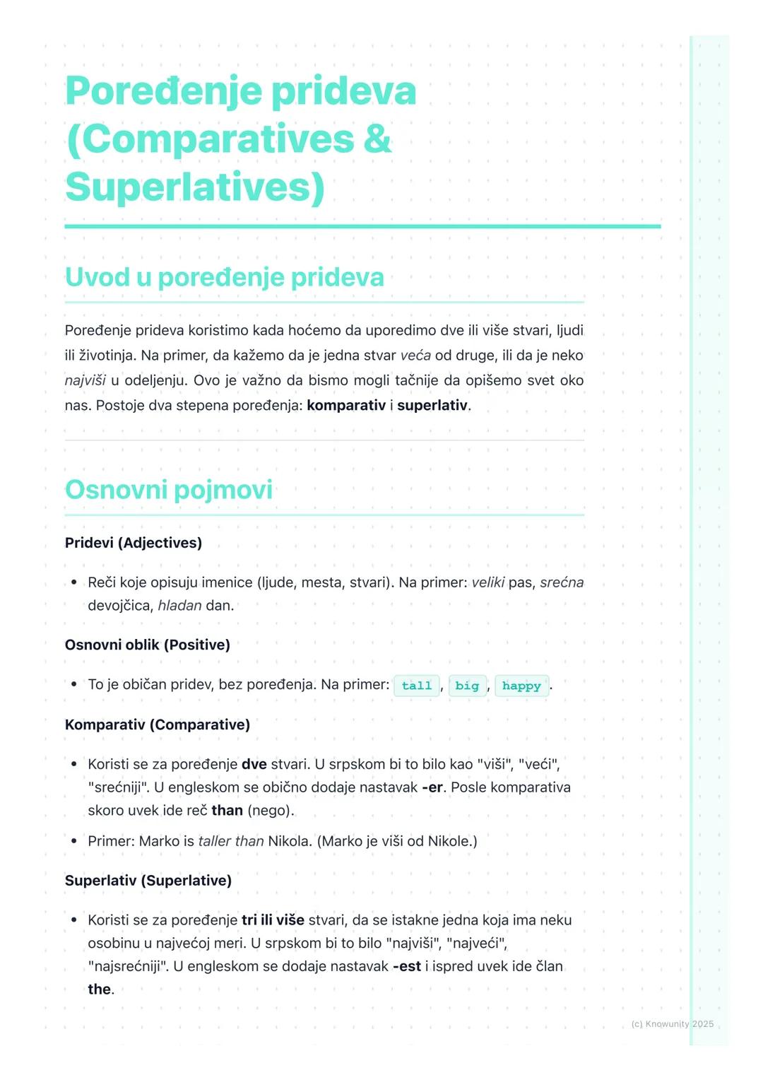 # Poređenje prideva
(Comparatives &
Superlatives)

Uvod u poređenje prideva

Poređenje prideva koristimo kada hoćemo da uporedimo dve ili vi