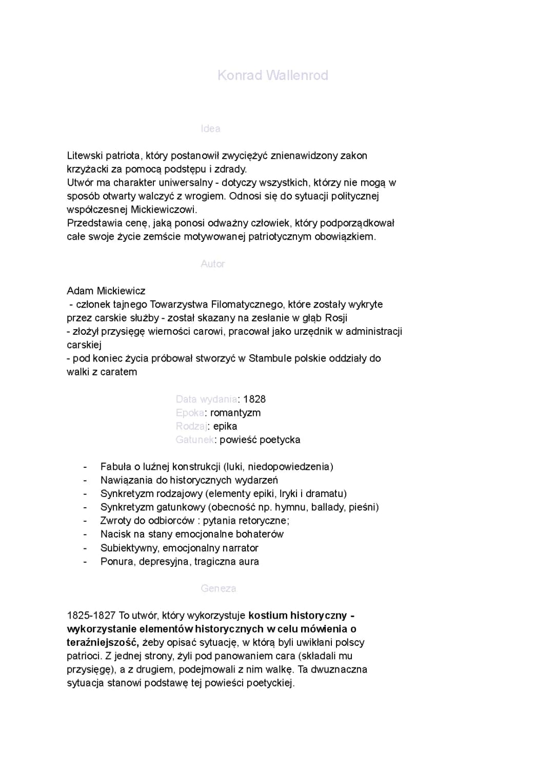 Konrad Wallenrod: Notatki PDF, Streszczenia, Problematyka i Najważniejsze Informacje