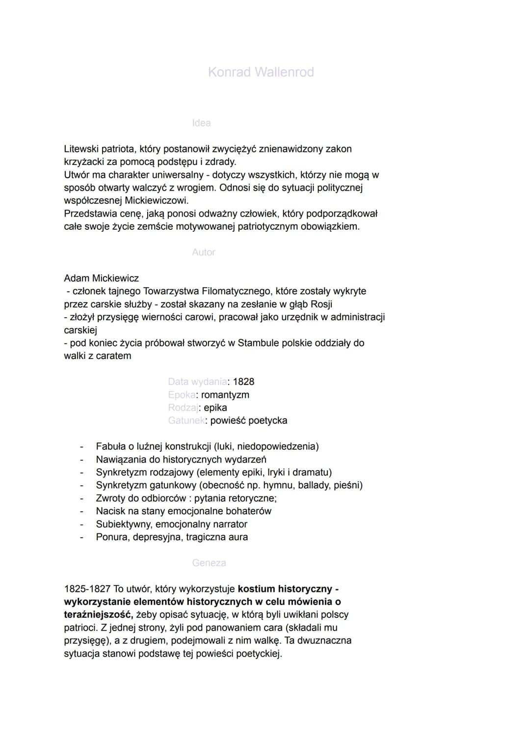 
<p>Utwór "Konrad Wallenrod" to dzieło Adama Mickiewicza, które zostało opublikowane w 1828 roku, w epoce romantyzmu. Autor, będąc członkiem