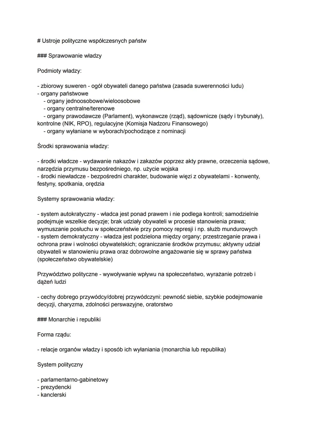 # Ustroje polityczne współczesnych państw
### Sprawowanie władzy
Podmioty władzy:
- zbiorowy suweren - ogół obywateli danego państwa (zasada
