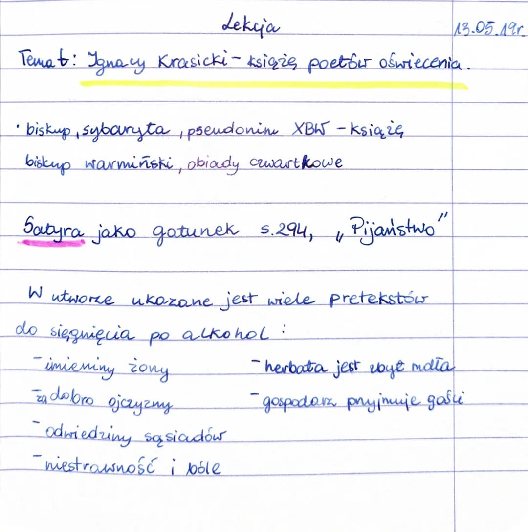 Lekcja
Temat: Ignacy Krasicki - książę poetów oświecenia.
• biskup, sybaryta, pseudonim XBW - książę
biskup warmiński, obiady czwartkowe
Sat