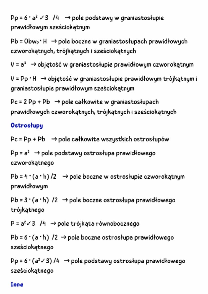 WZORY
Pole powierzchni
P
a²
P
P =
trójkąta = (a h) /2
P
= a h
P = (a + b) h/2
prostokąta
=
równoległoboku
trapezu
a b
P =e*f/2
rombu
w pigut