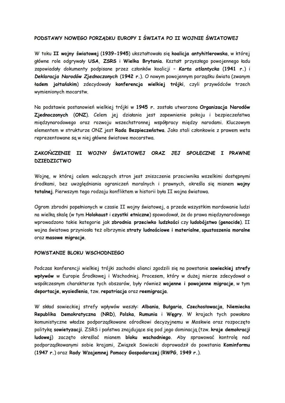 PODSTAWY NOWEGO PORZĄDKU EUROPY I ŚWIATA PO II WOJNIE ŚWIATOWEJ
W toku II wojny światowej (1939-1945) ukształtowała się koalicja antyhitlero