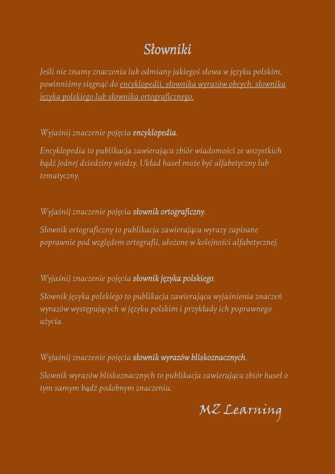 Słowniki
Jeśli nie znamy znaczenia lub odmiany jakiegoś słowa w języku polskim,
powinniśmy sięgnąć do encyklopedii, słownika wyrazów obcych,