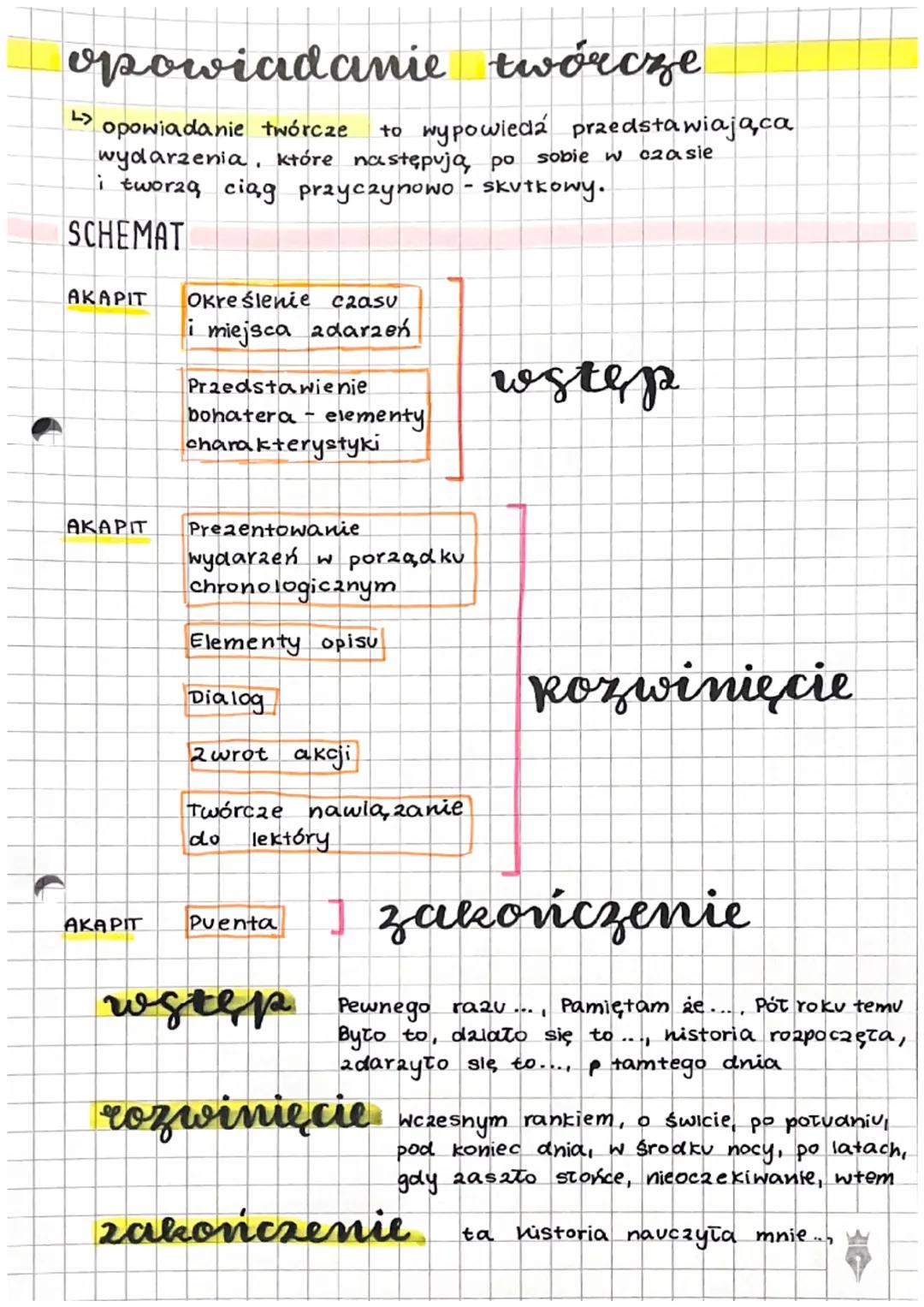 # opowiadanie twórcze

↳ opowiadanie twórcze to wypowiedź przedstawiająca
wydarzenia, które następują, po sobie w czasie
i tworzą ciąg przyc