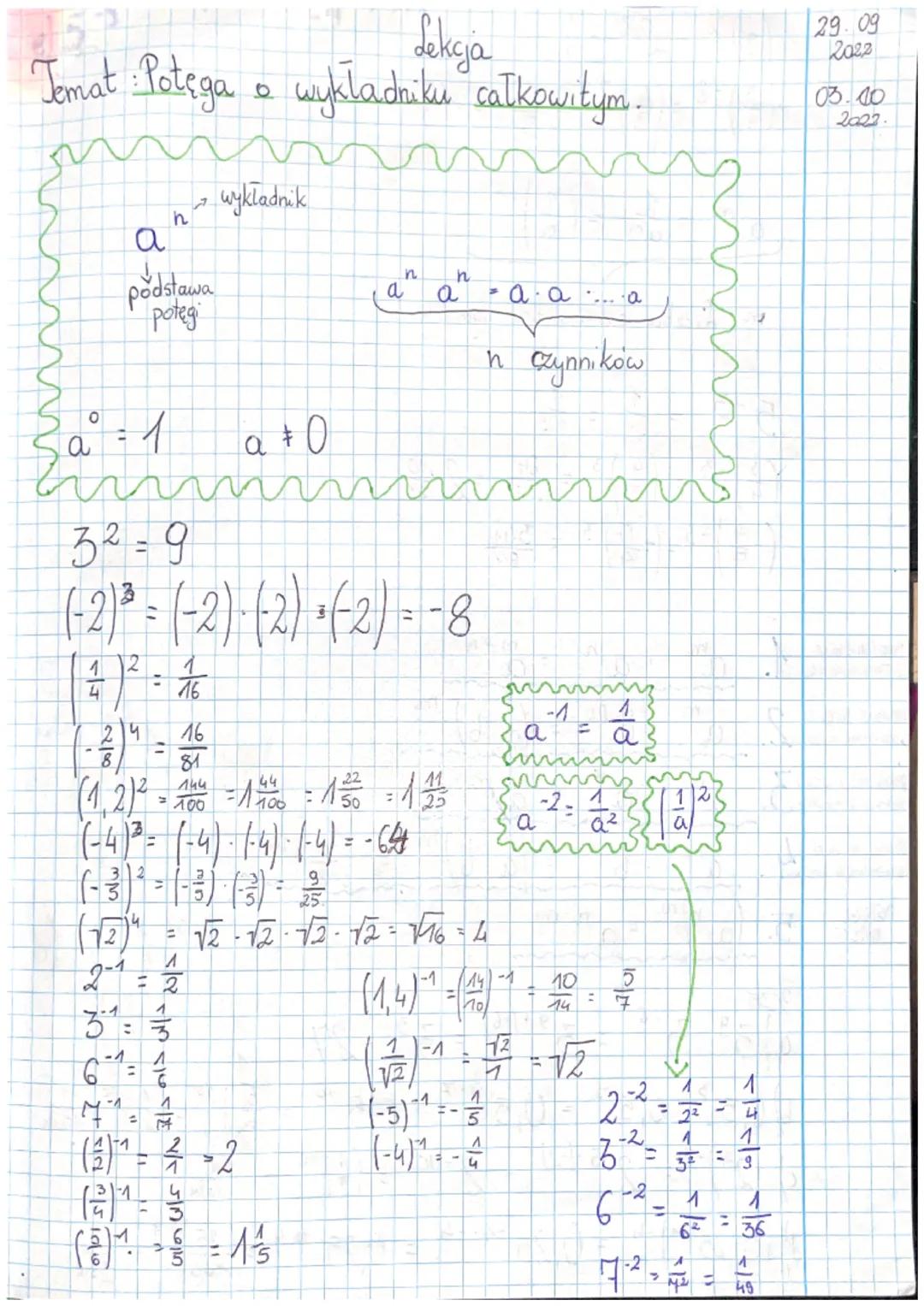 Lekcja
Temat: Potęga o wykladniku całkowitym
L
mn
umm
a
podstawa
poteg
80 = 1
h
=
wykladnik
a +0
3²=9
(-2)³ = (-2) (2) (2) - -8
1
2
4
16
24

