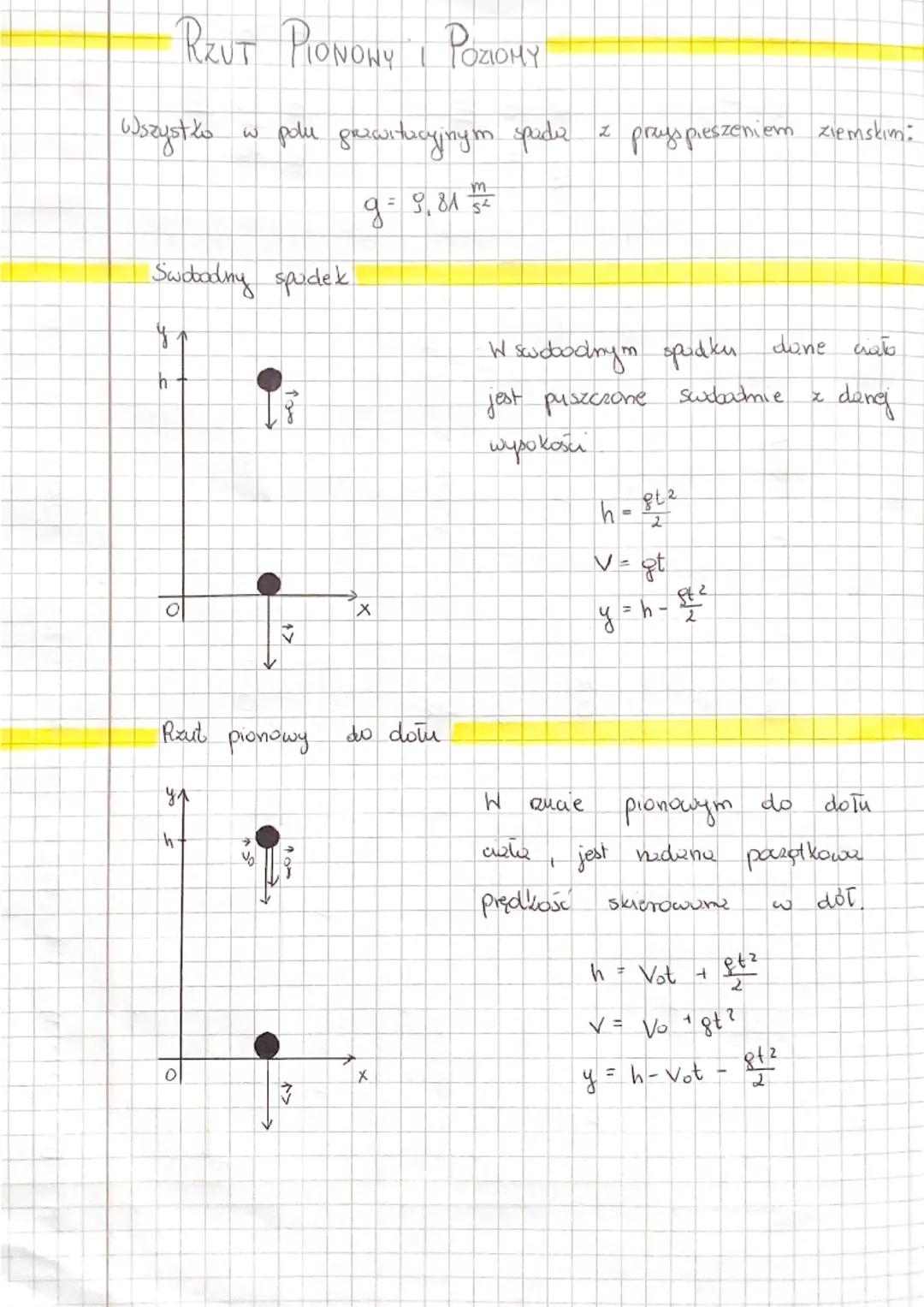 Wszystko
RZUT PIONOWY I POZIOMY
w polu grawitacyjnym spadar z przyspieszeniem ziemskim:
m
9 = 9,81 22²2²
Swobodny spadek
y₁
h
O
h
0
17
Rzut 