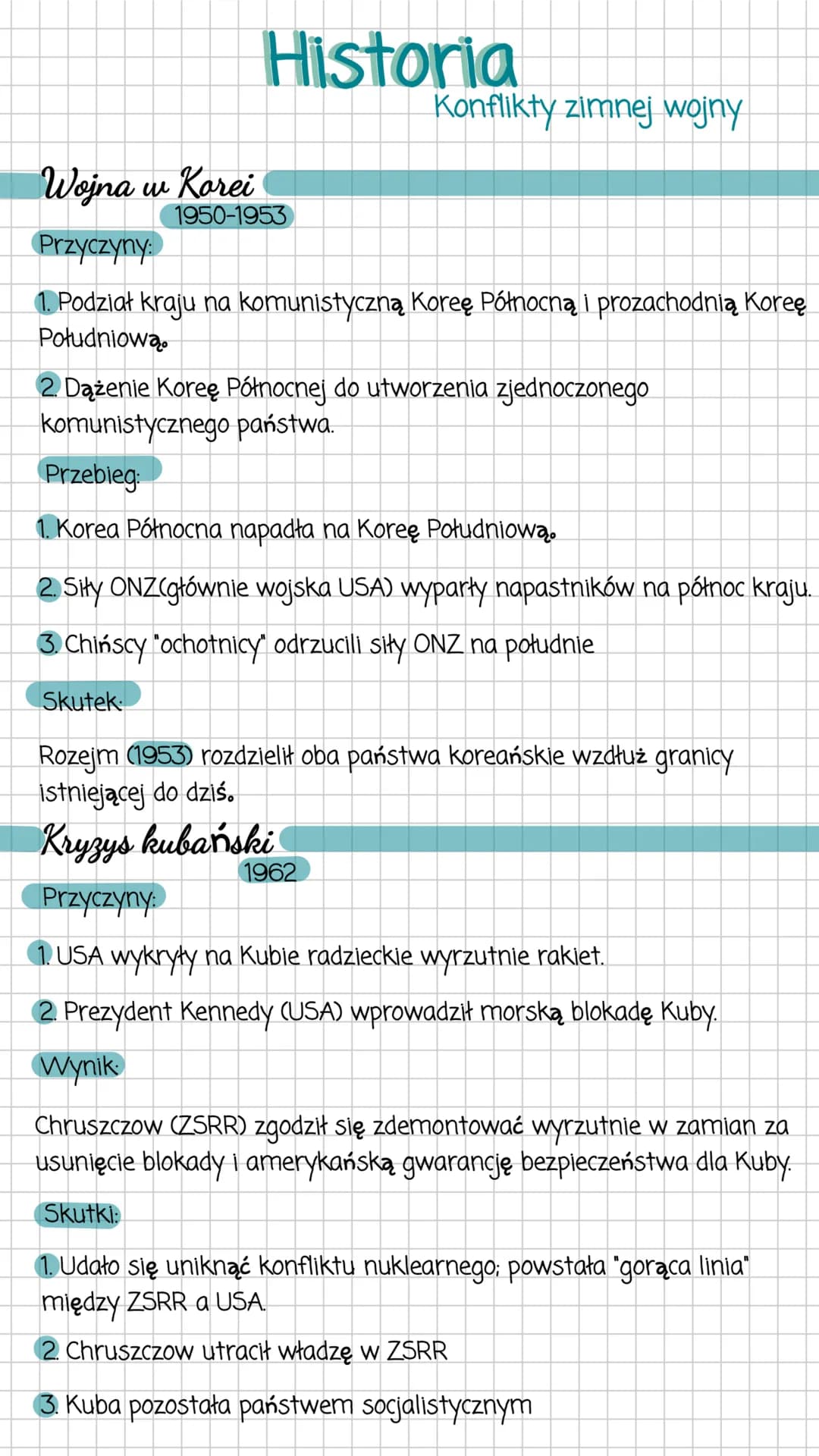 Historia
Wojna w Korei
Przyczyny:
1. Podział kraju na komunistyczną Koreę Północną i prozachodnią Koree
Południową.
1950-1953
Konflikty zimn