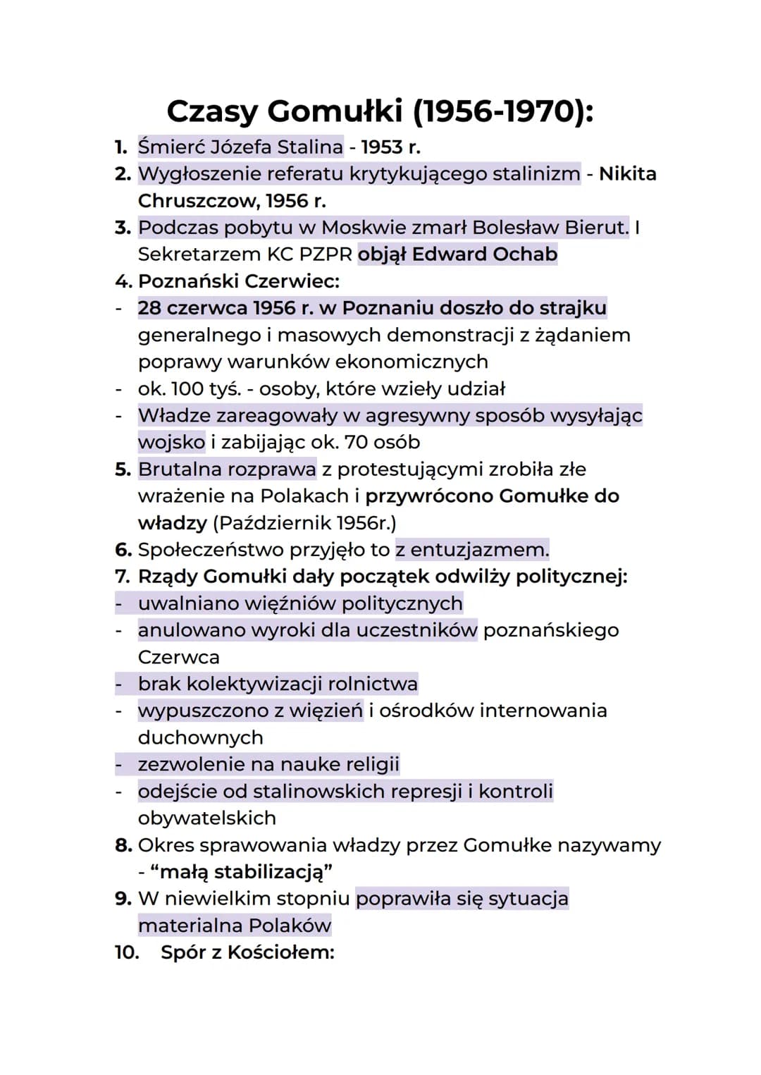 Czasy Gomułki (1956-1970):
1. Śmierć Józefa Stalina - 1953 r.
2. Wygłoszenie referatu krytykującego stalinizm - Nikita
Chruszczow, 1956 r.
3