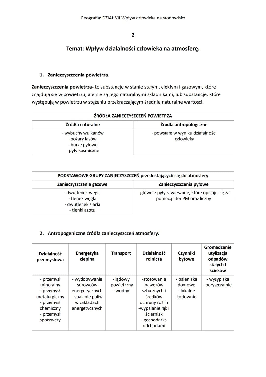 Geografia: DZIAŁ VII Wpływ człowieka na środowisko
1. Zanieczyszczenia powietrza.
Zanieczyszczenia powietrza- to substancje w stanie stałym,