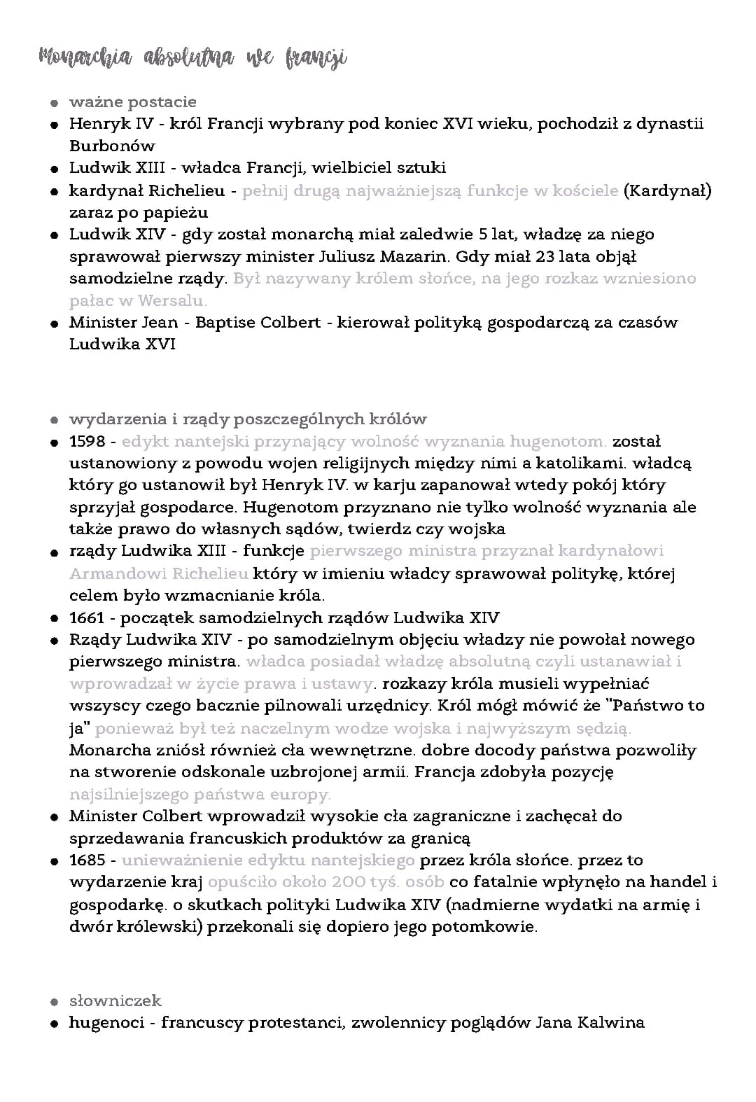 Monarchia absolutna we Francji klasa 6 - ciekawostki i notatka