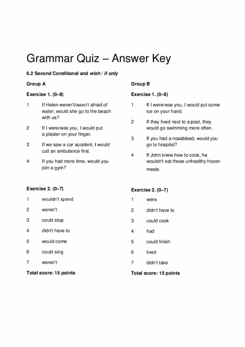 Grammar Quiz
6.2 Second Conditional and wish / if only
Name:
1 Use the prompts to write Second Conditional sentences.
I/have/ some money → 1