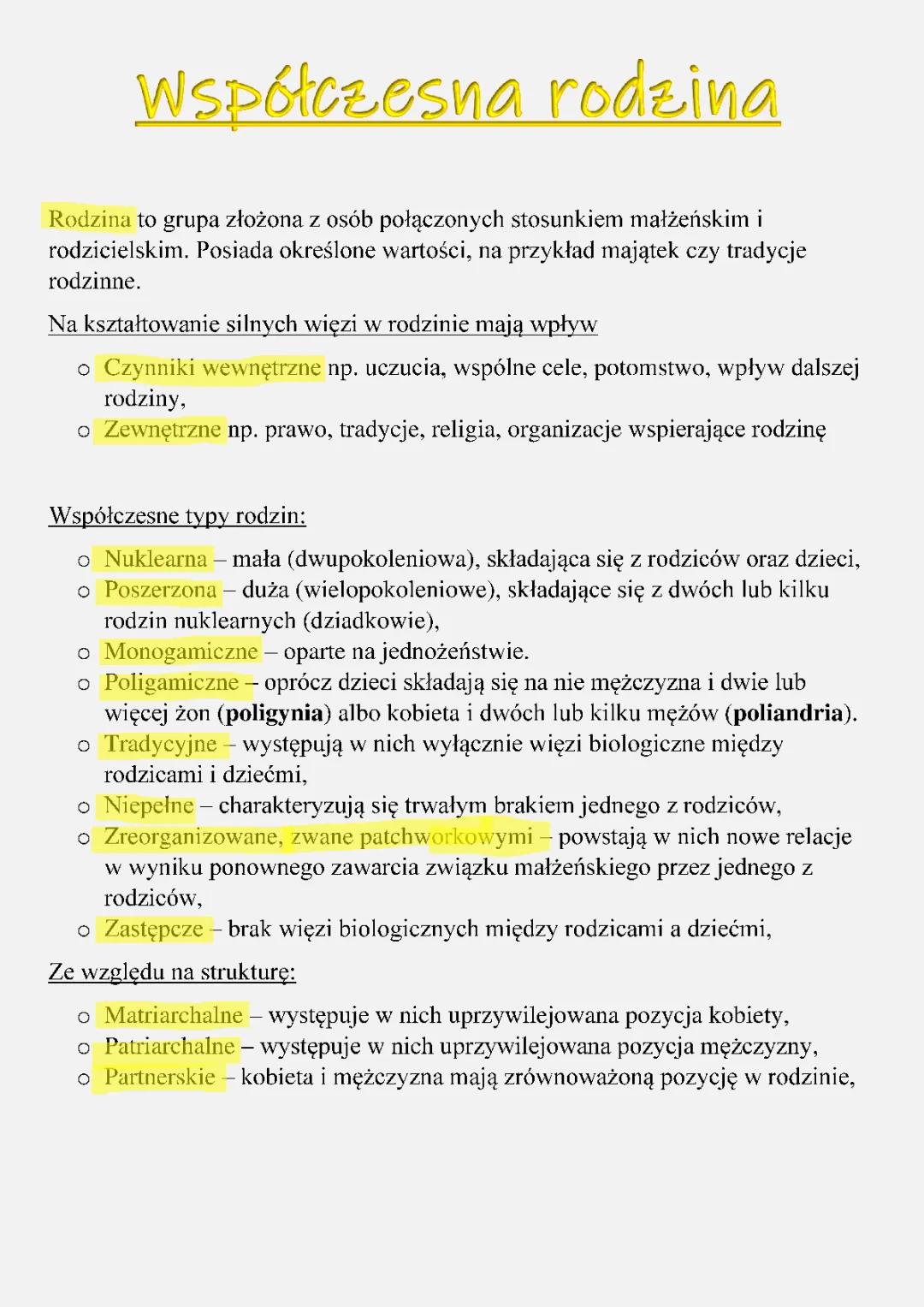 Współczesne rodziny - Notatka WOS