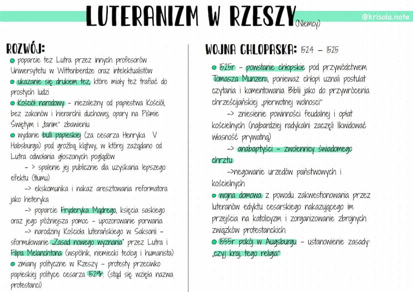 LUTERANIZM W RZESZY
ROZWÓJ:
poparcie tez Lutra przez innych profesorów
Uniwersytetu w Wittenberdze oraz intelektualistów
• ukazanie się druk
