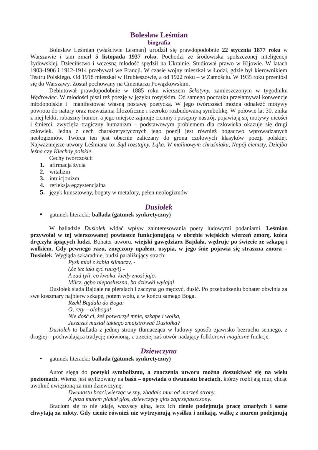 wiersze Bolesława Leśmiana - opracowanie