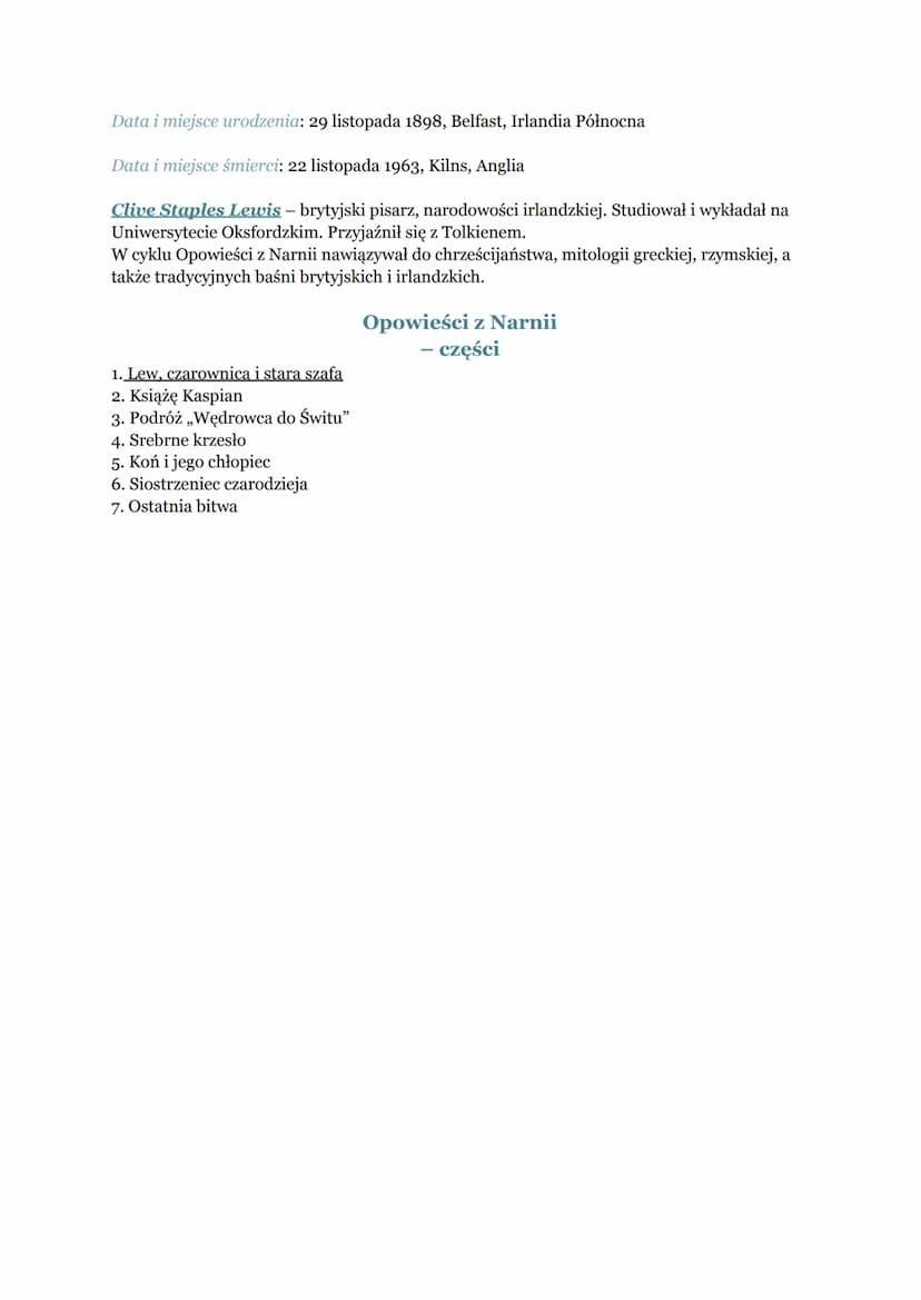 z Narnii: Lew, czarownica i
stara szafa." - opracowanie
,,Opowieści
Tytuł: ,,Opowieści z Narnii: Lew, czarownica i stara szafa."
Autor: C.S.