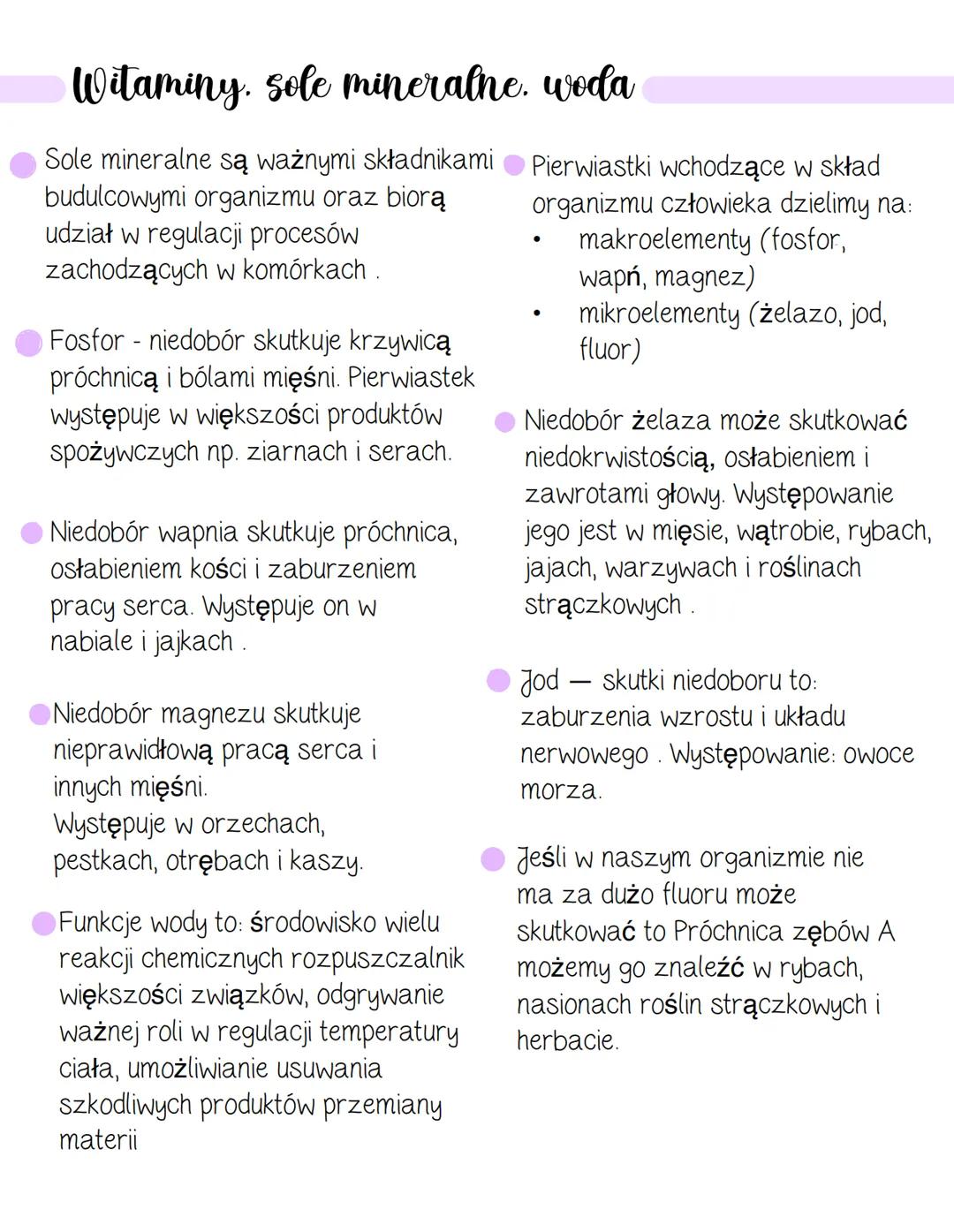 Witaminy. sole mineralne. woda
Witaminy dzielimy na rozpuszczalne w
tłuszczach i w wodzie. Mają one
właściwości:
Występowanie i skutki niedo