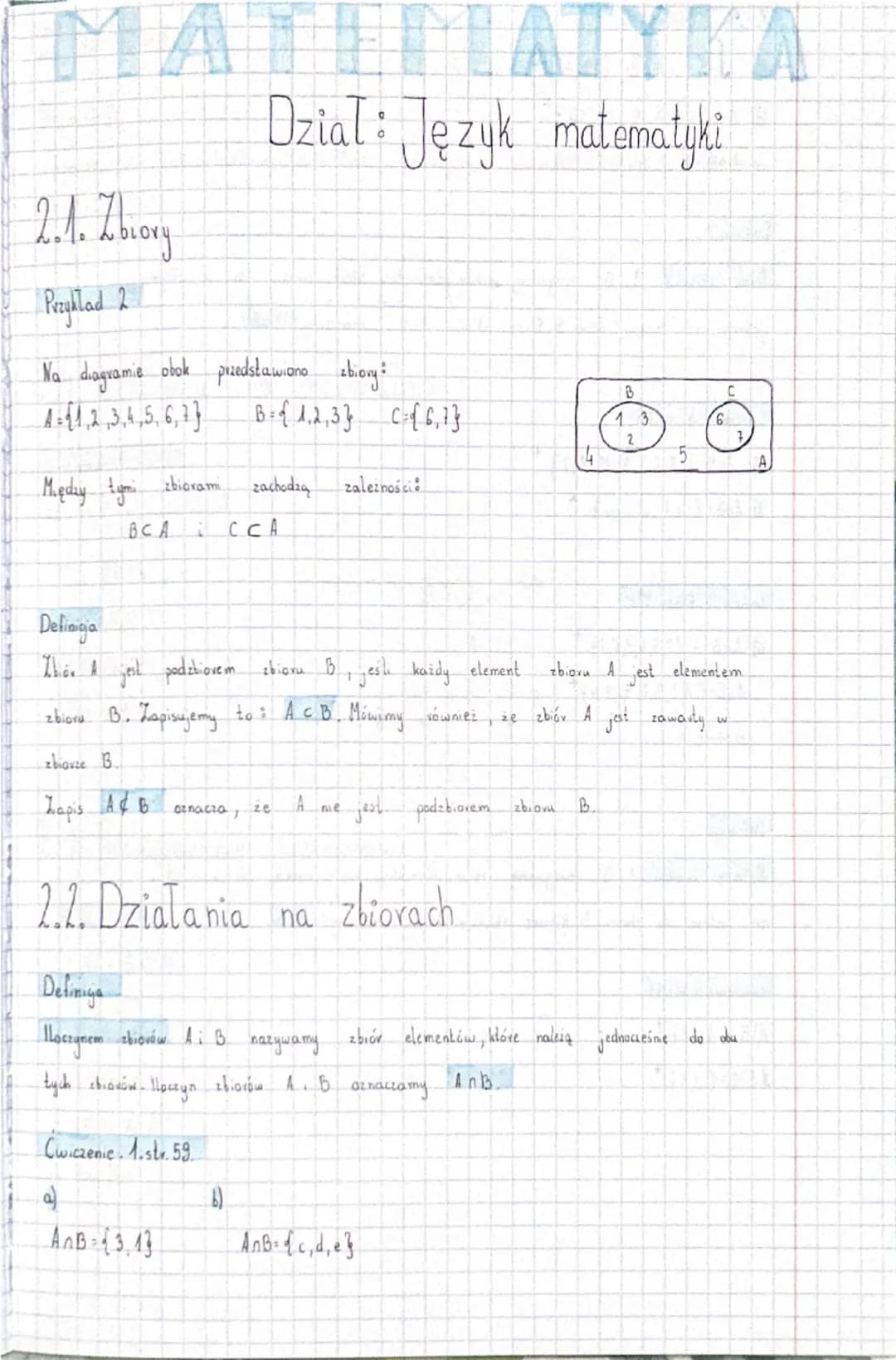 MA
2.1. Zhary
Przyklad 2
ATYKA
Dział: Język matematyki
Na diagramie obok przedstawiono zbiory:
B
C
B={1,2,3} = {6, 7}
C
13
6
2
7.
4
A
A-{1,2